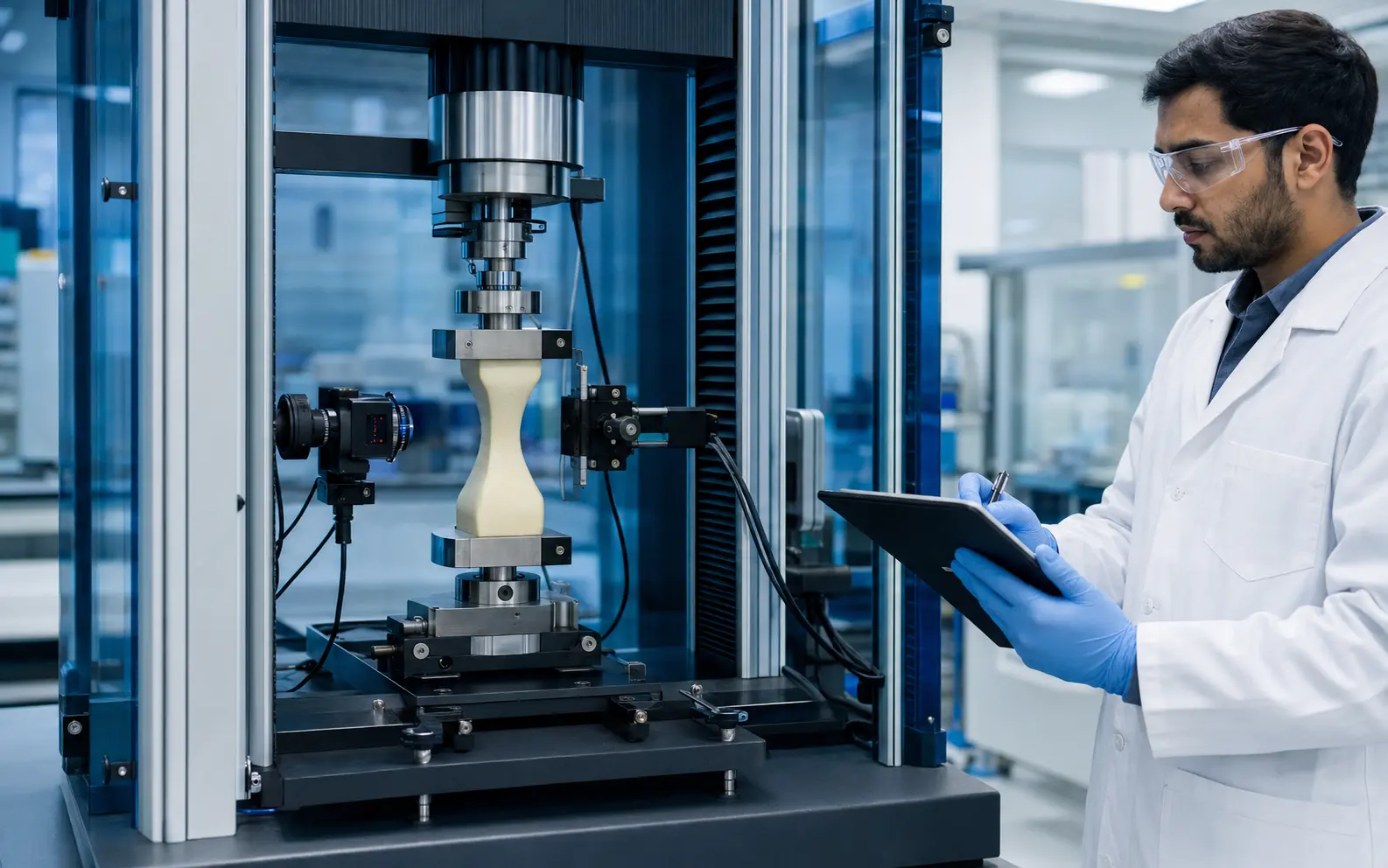 A scientist documenting precision mechanical testing of a polyurethane material specimen