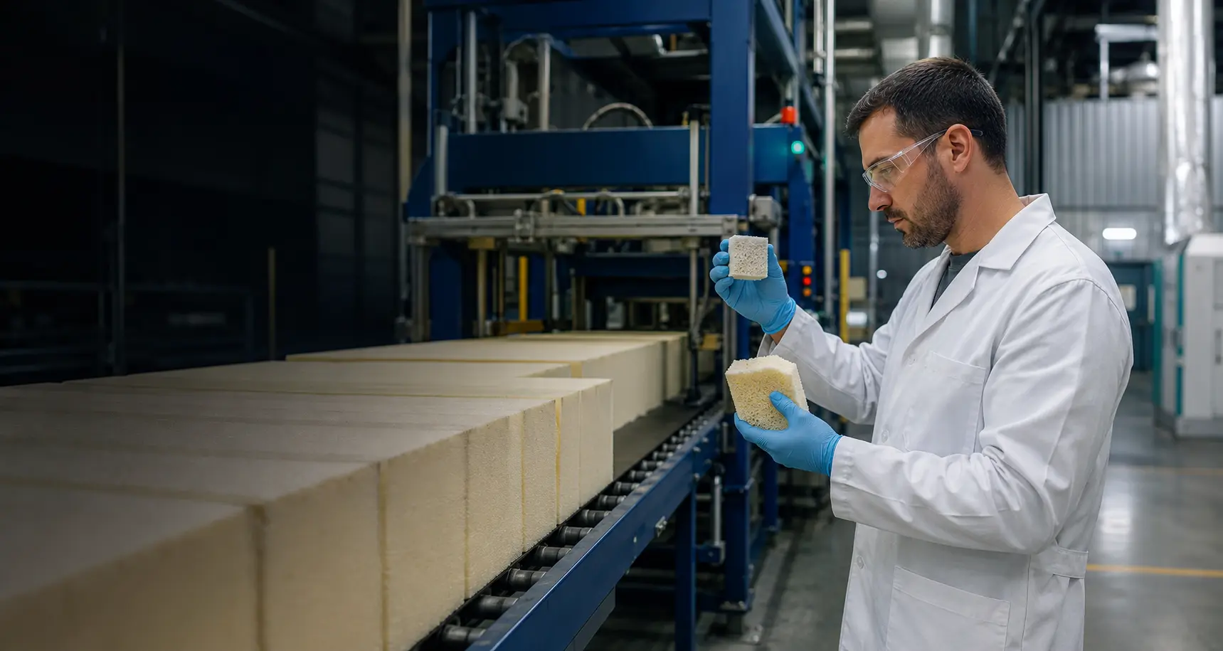 Quality specialist inspecting flexible polyurethane foam production