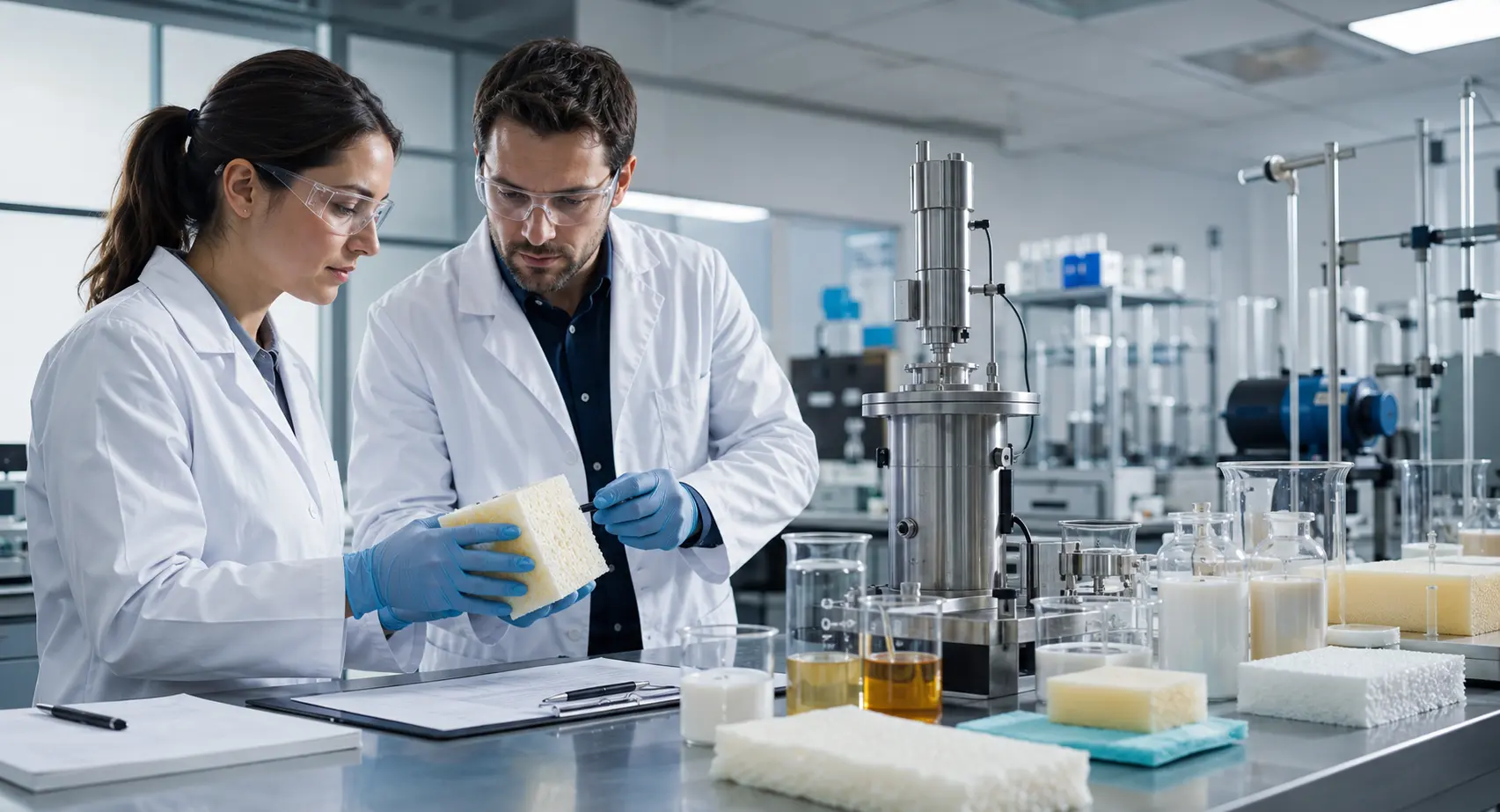 Polyurethane formulation specialists reviewing a foam sample in a laboratory