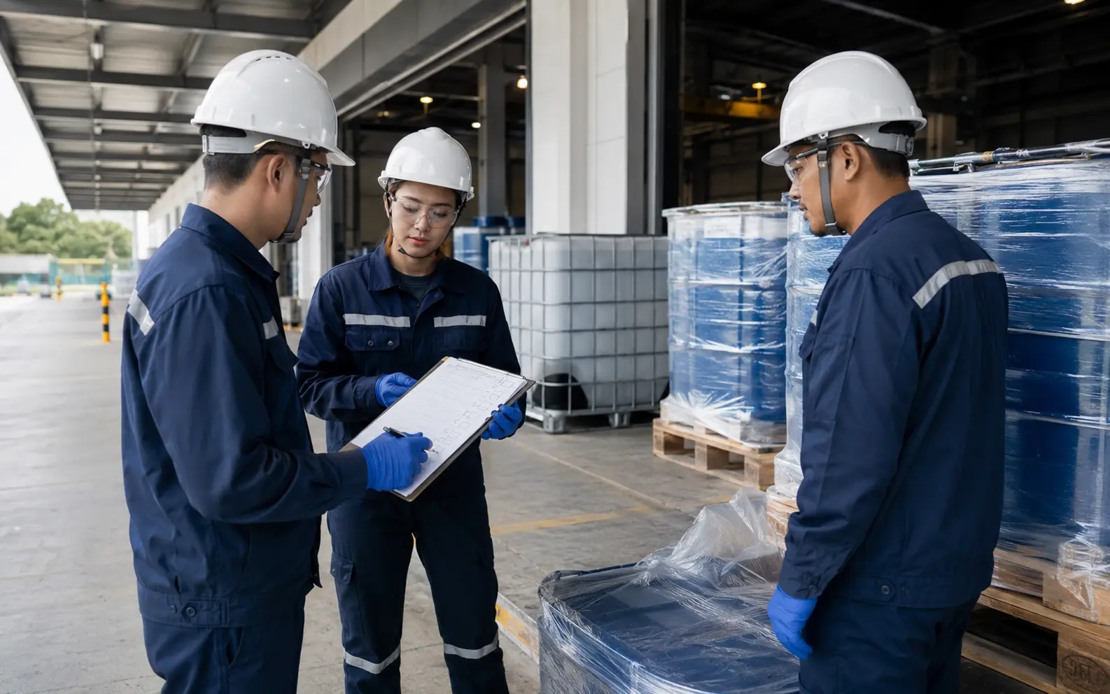 A technical team coordinating the safe inspection and delivery of an approved chemical system
